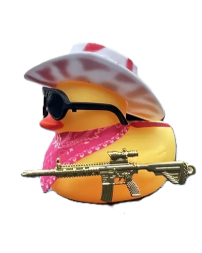 Cool Duck Жовте каченя в біло рожевому капелюсі з гвинтівкою
