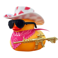 Cool Duck Желтый утенок в белой розовой шляпе с винтовкой.