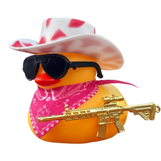 Cool Duck Желтый утенок в белой розовой шляпе с винтовкой.