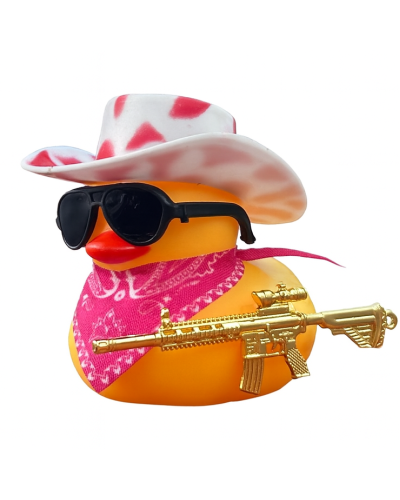 Cool Duck Желтый утенок в белой розовой шляпе с винтовкой.