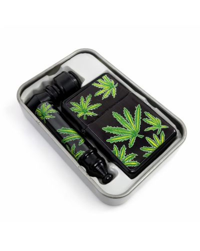 Набір для куріння "Black Cannabis" 3 в 1 (трубка + запальничка + сітки)